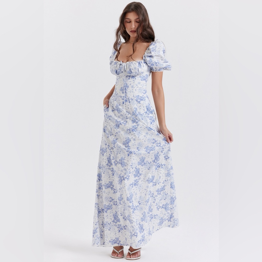 House of CB Floral Maxi Dress in Blue and White (Bridgerton style)